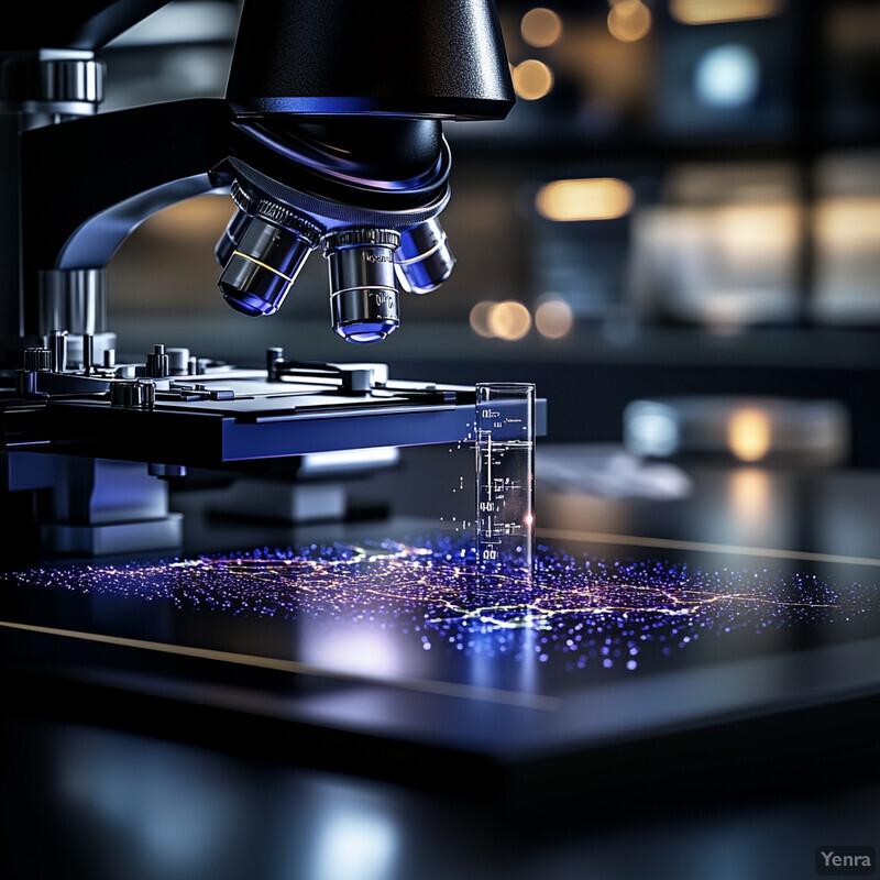 A microscope with a glass slide under its lens is shown in a dark background.