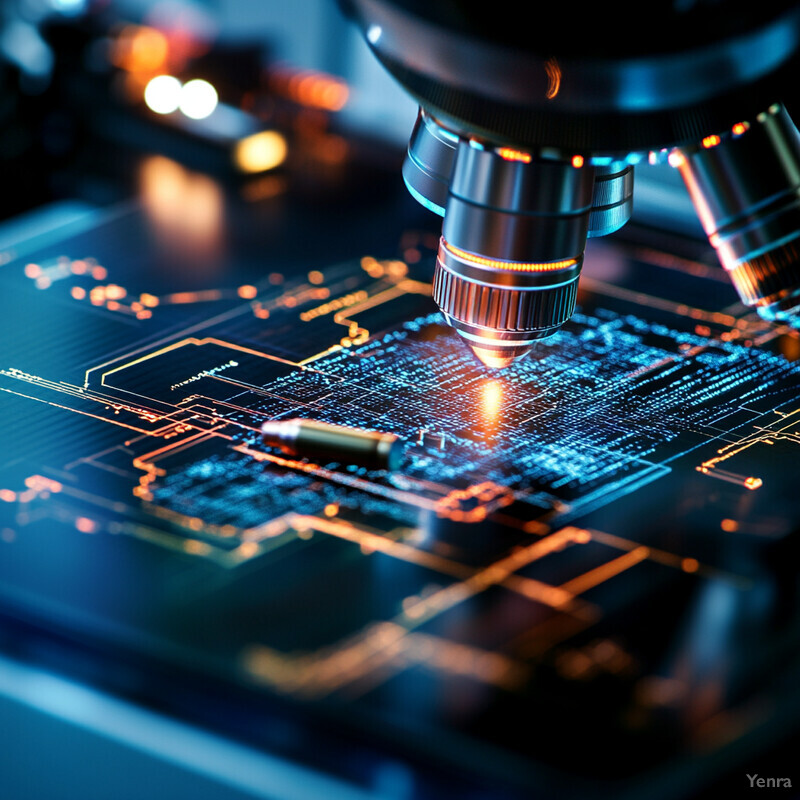 A microscope is being used to examine a circuit board with microchips and wires.