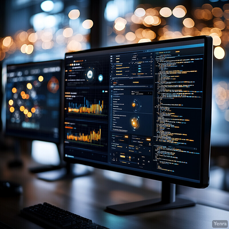 A computer screen displaying a complex data visualization in an indoor office setting.