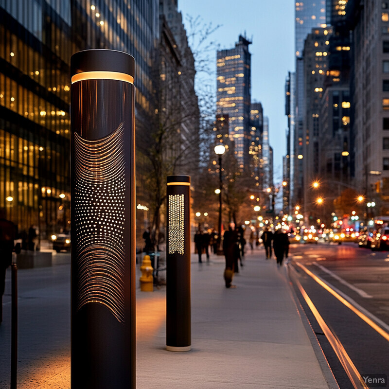 A city street with three tall black poles featuring intricate designs and several large buildings in the background.