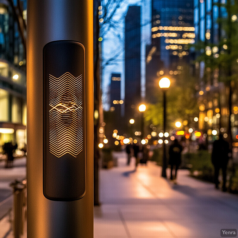 An outdoor city street at night with a focus on a black pole featuring a yellow light fixture in the foreground.