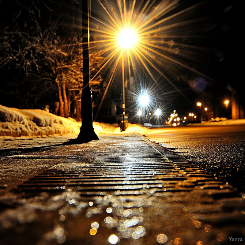 A nighttime scene on a sidewalk with streetlights casting their glow onto the street.