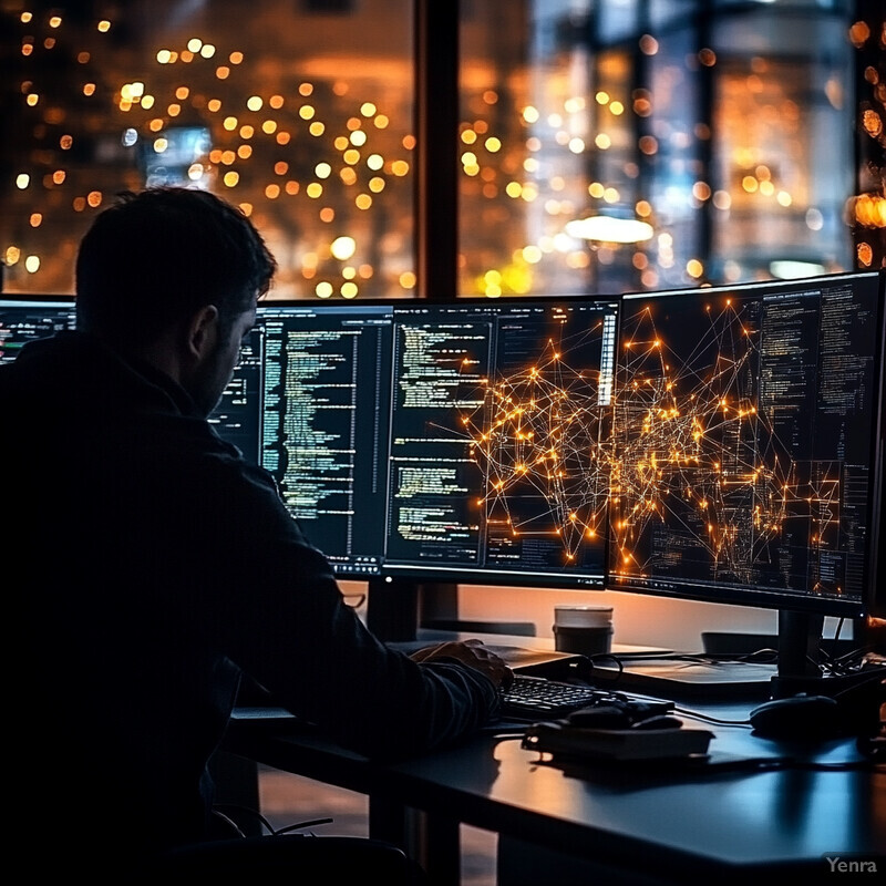 A person is intently working at their desk in front of multiple computer monitors, with a cityscape visible through the window behind them.