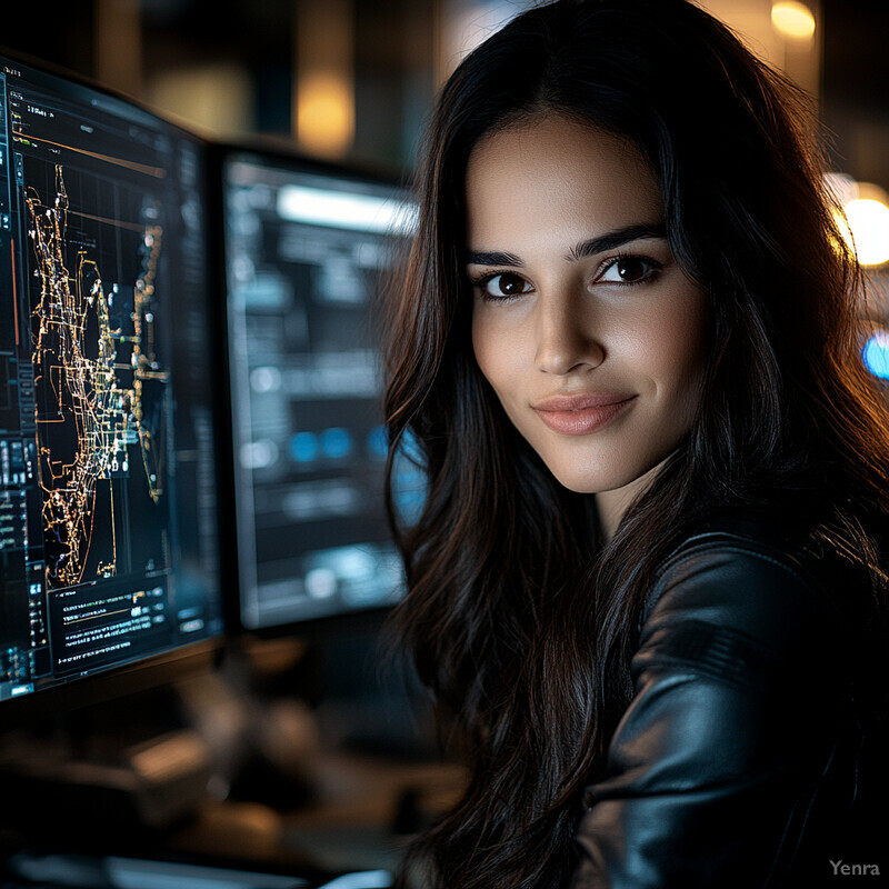 A woman with long brown hair is working on a project related to technology or software development.