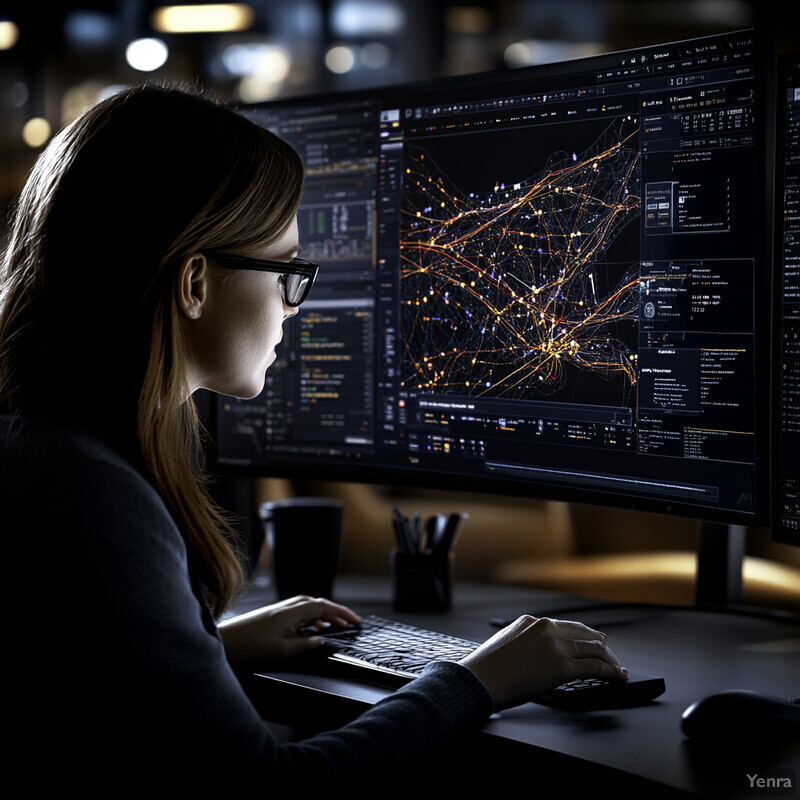 A woman is working late at night in an office setting, analyzing data on two computer monitors.