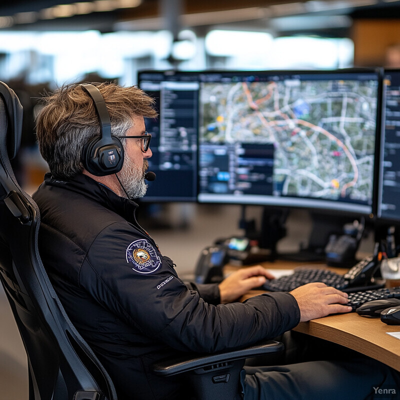 A man sitting in front of multiple computer monitors displaying a map with various symbols and markings, wearing a headset with a microphone.