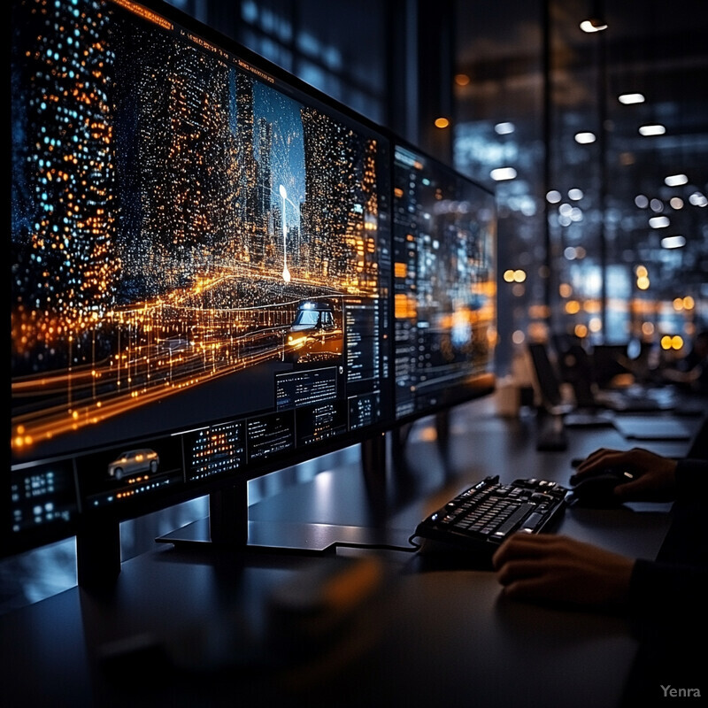 A dimly lit room with multiple computer monitors displaying city streets at night.