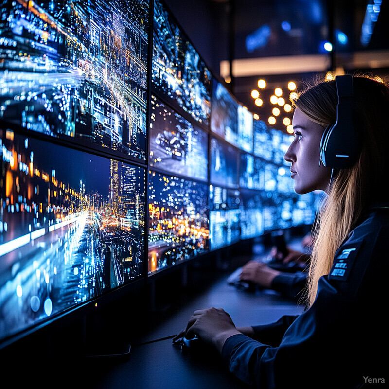 A woman sits in front of multiple computer monitors displaying various screens of data, likely from an intelligence agency or similar organization.