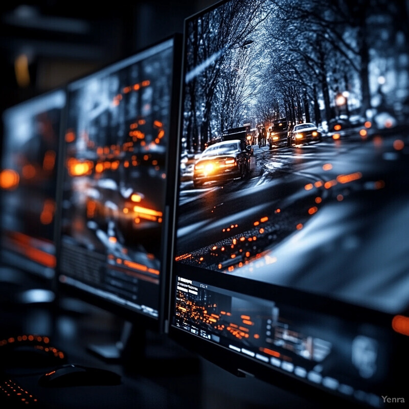 Three computer monitors displaying images of nighttime roadways for training an AI to analyze video footage.