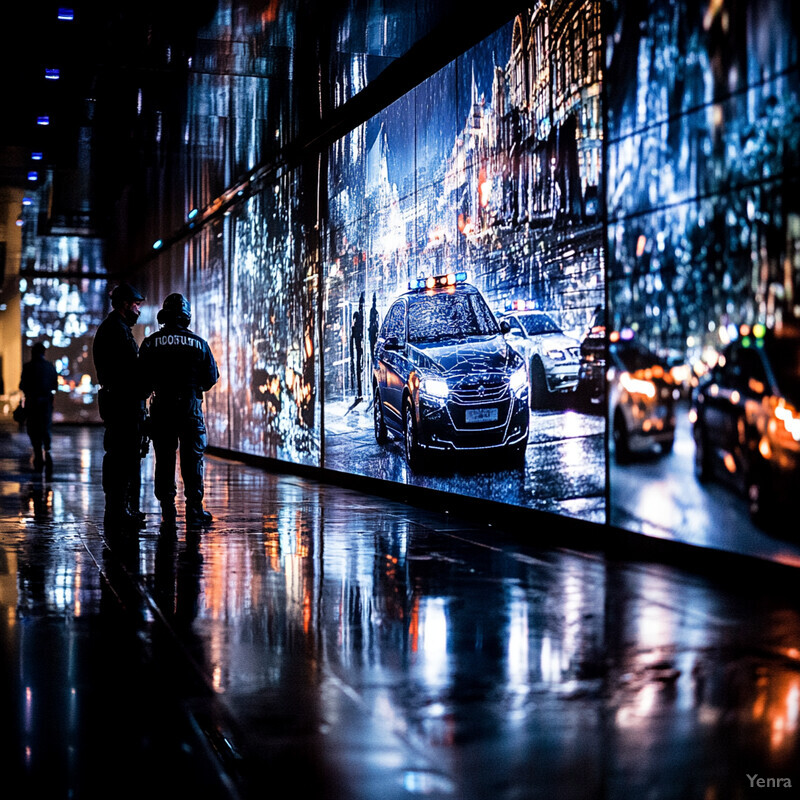 Two individuals in dark attire stand on a dimly lit city street at night, possibly involved in law enforcement or security operations.