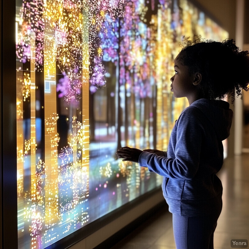 A young girl interacts with an abstract art piece on a large screen.