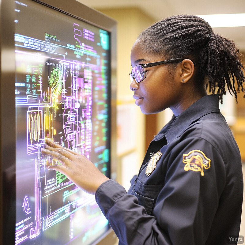 A young woman with dark skin and black hair styled in braids is examining a large screen displaying a complex diagram or flowchart related to predictive analytics for at-risk youth.