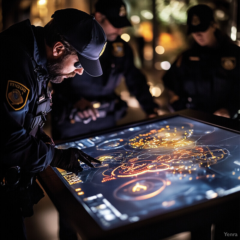 A group of police officers are gathered around a large screen displaying a map with various symbols and markings.