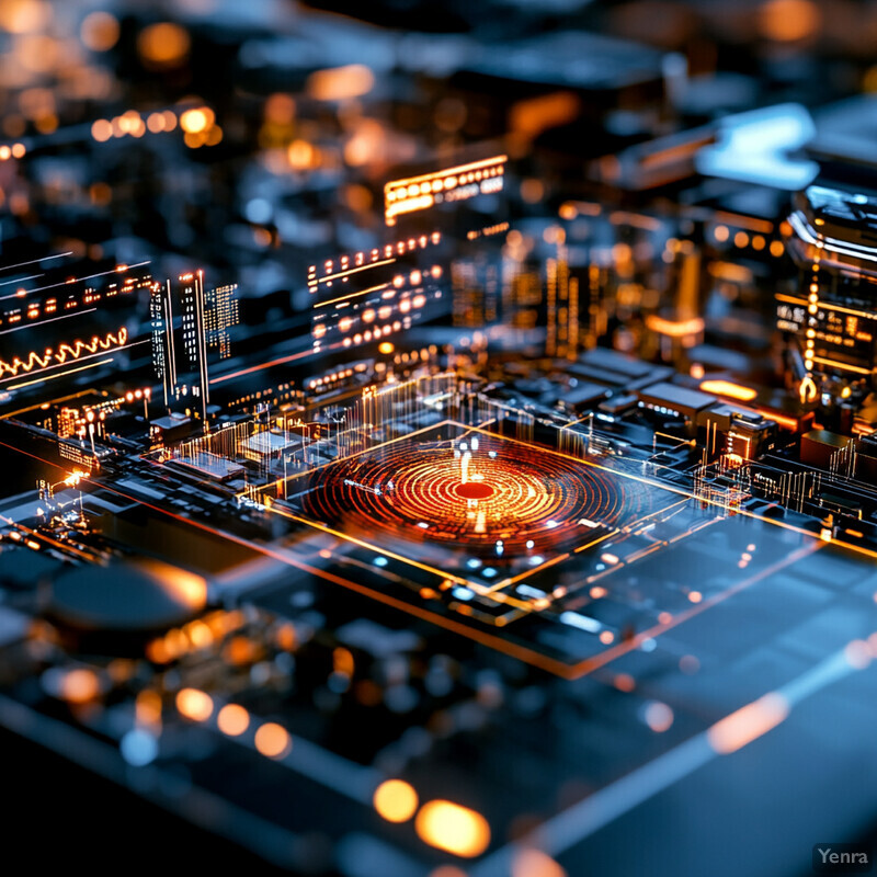 Aerial view of a cityscape at night with illuminated buildings and streets.