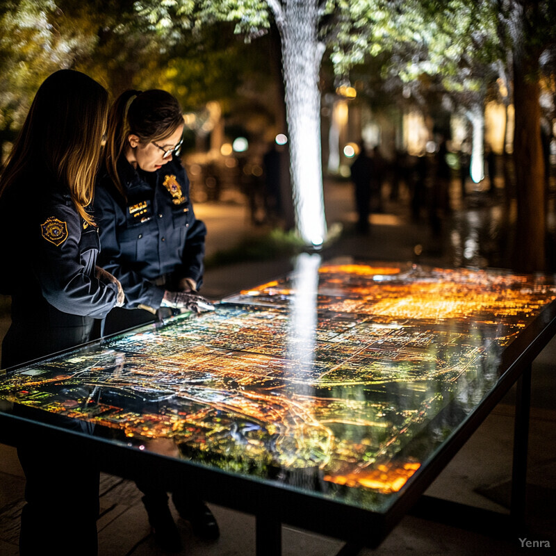 Two women in police uniforms examine a large glass table displaying a 3D city map.