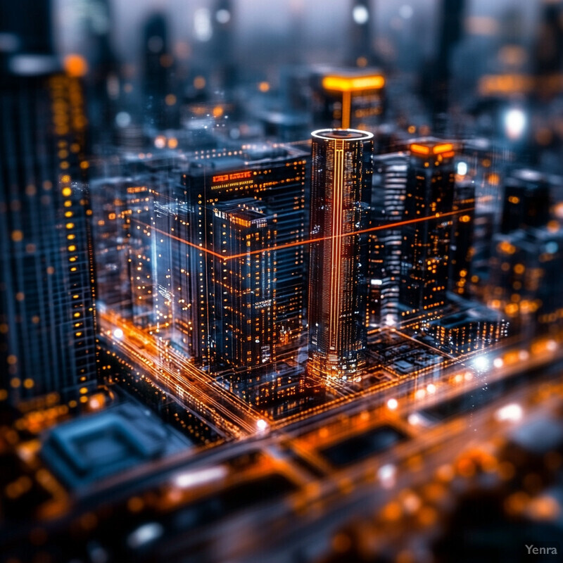 A futuristic cityscape with towering skyscrapers and elevated walkways, evoking a sense of innovation and technological advancement.