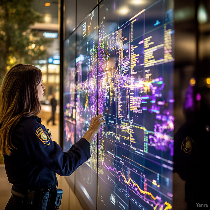 A woman in a police uniform is standing in front of a large screen displaying various graphs and charts.