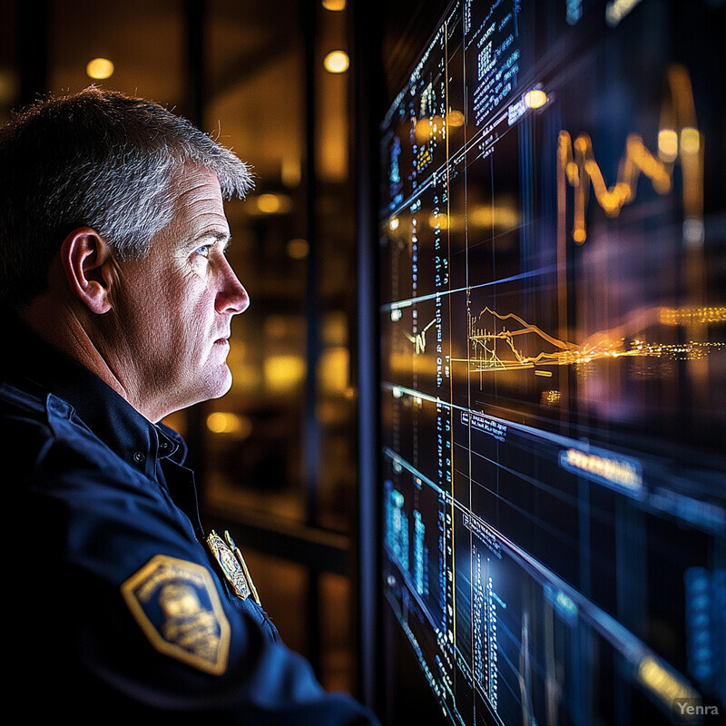 An officer or security personnel analyzing crime patterns or surveillance footage on a large screen.