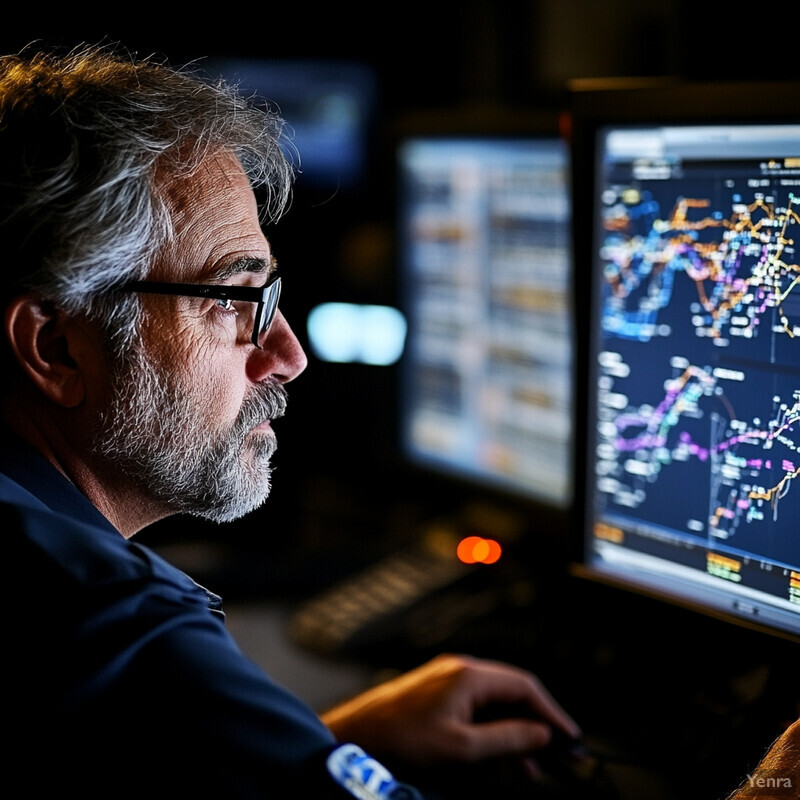 Man intensely focused on computer screens, likely engaged in data analysis or system monitoring.