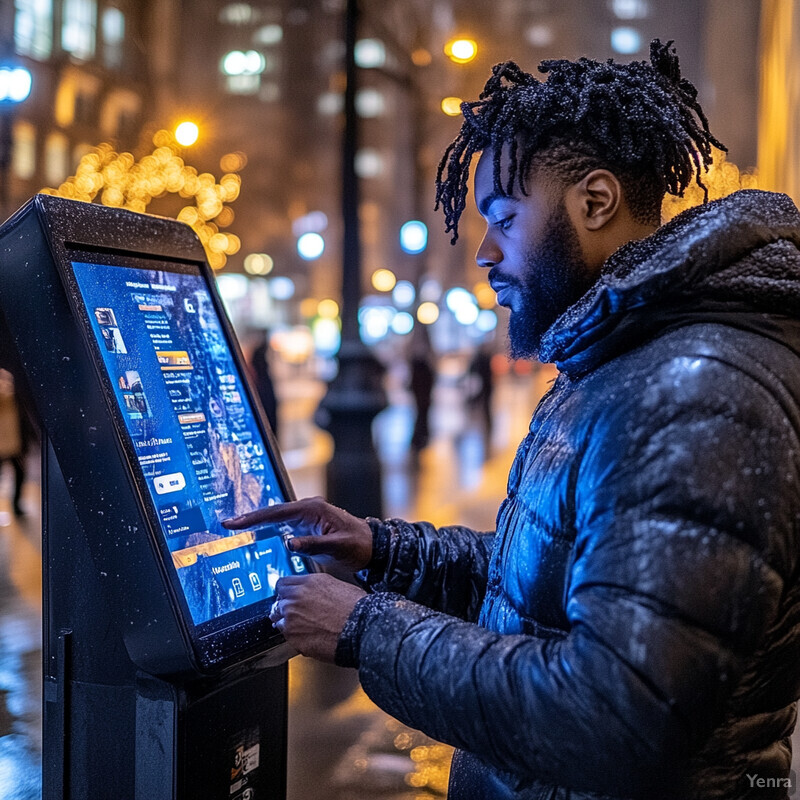 A man uses an interactive kiosk on a city street at night.