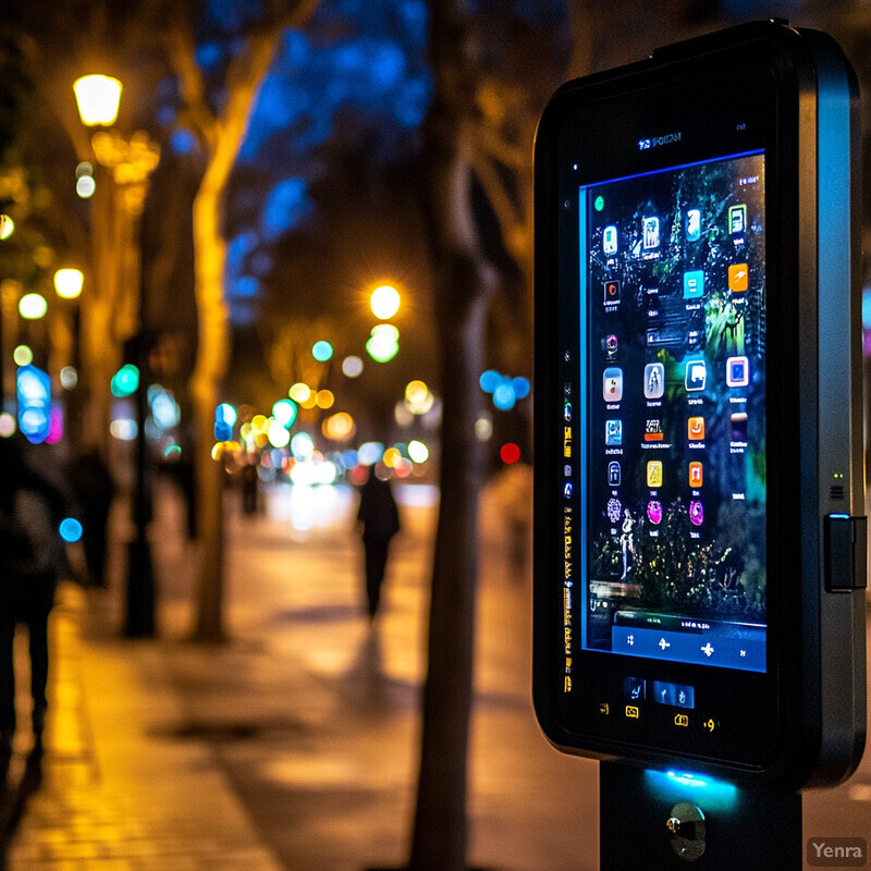 A public safety chatbot and hotline display mounted on a black pole in an urban setting.