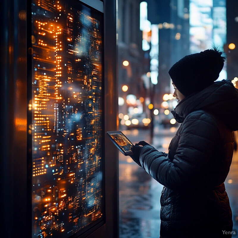 Person accessing public safety chatbots or hotlines via smartphone in front of electronic display on city street.