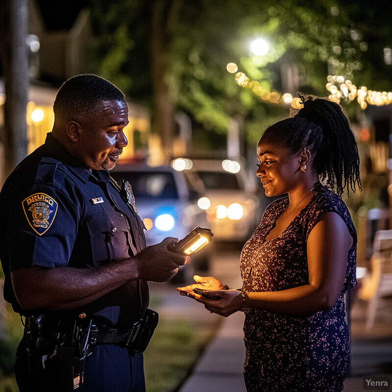 A police officer and a woman stand on a sidewalk at night, with the officer holding a flashlight and the woman holding her phone.