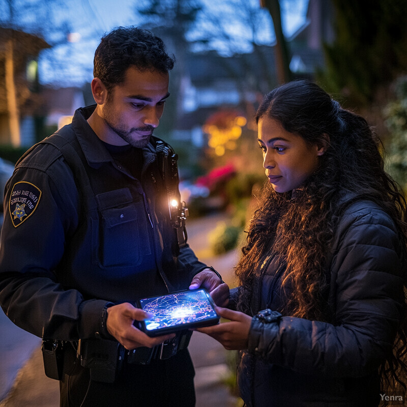 A man and woman are examining a tablet together on an outdoor sidewalk.