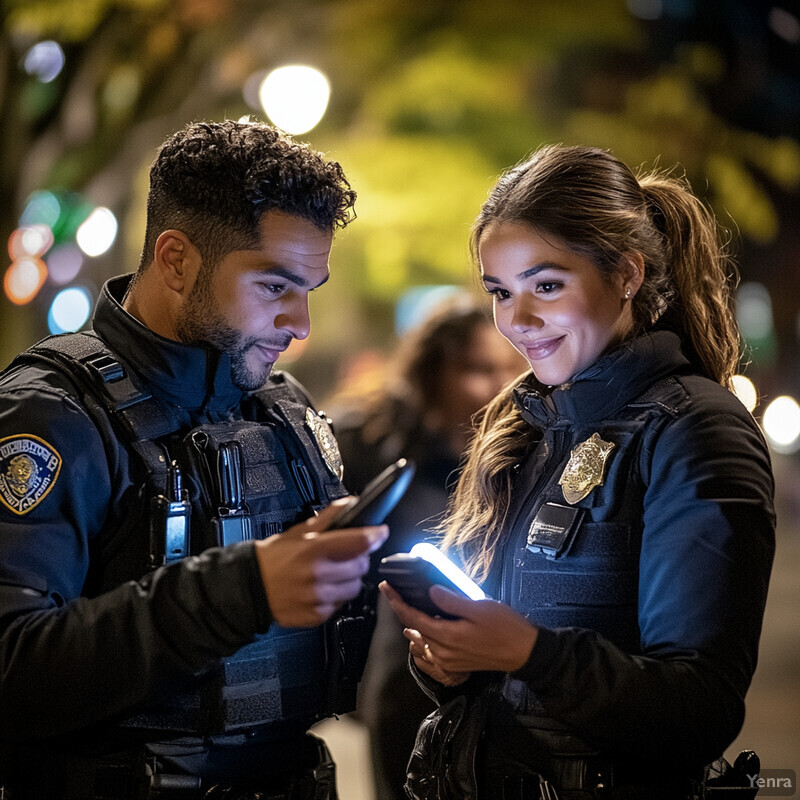 Two police officers standing together in front of a dark background, possibly on patrol or responding to an emergency call.