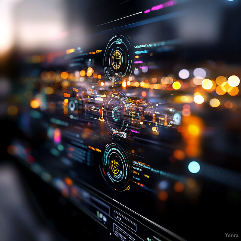 A futuristic display of data and information floating above a city street at night.