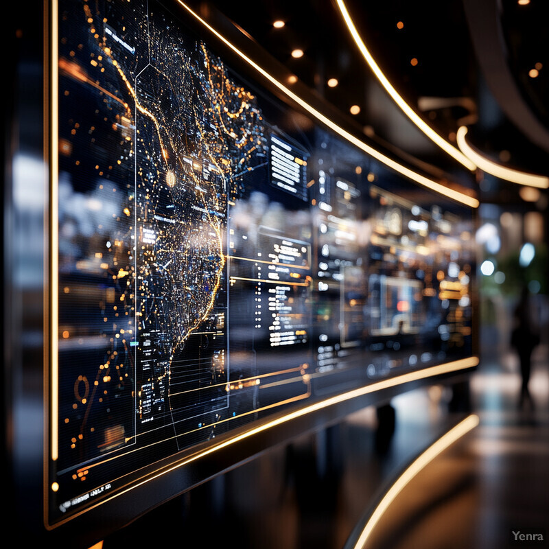 A large screen displays a map of Africa with various lines and dots, likely representing data related to resource allocation optimization in an office setting.