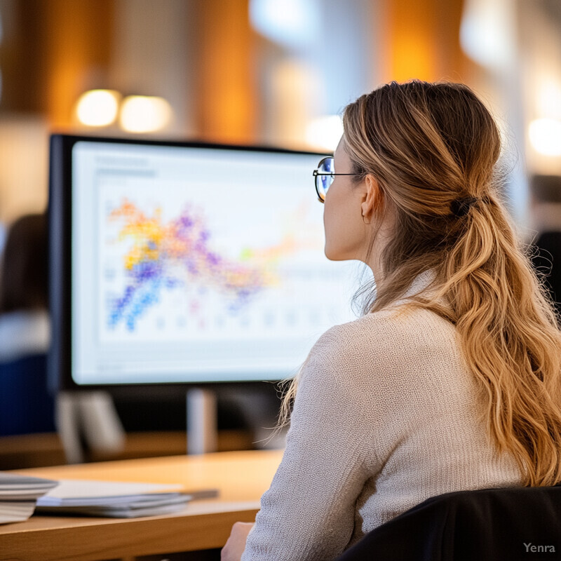 A woman is sitting at a desk observing an infographic on a computer monitor.