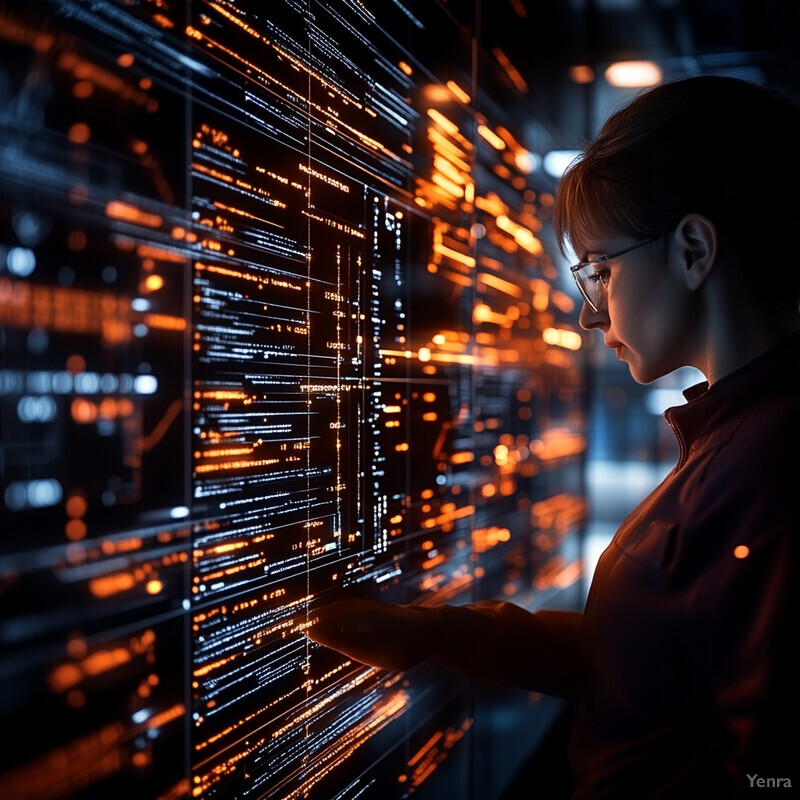 A woman monitors social media for threats, her focus evident in the array of screens before her.