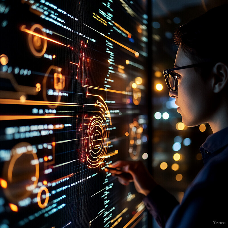 A person is intensely examining a large screen displaying graphs and charts in an office or conference room setting.