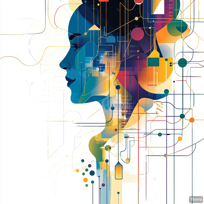 Abstract illustration of audience segmentation and personalization, featuring a stylized woman's head surrounded by geometric shapes and lines.