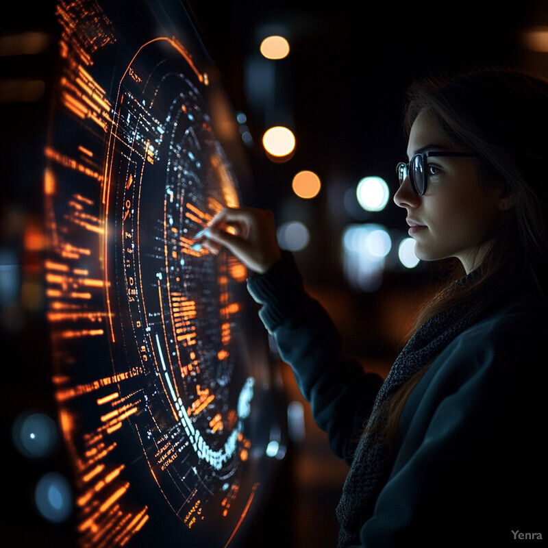 A woman is using an augmented analytics display in an office setting.