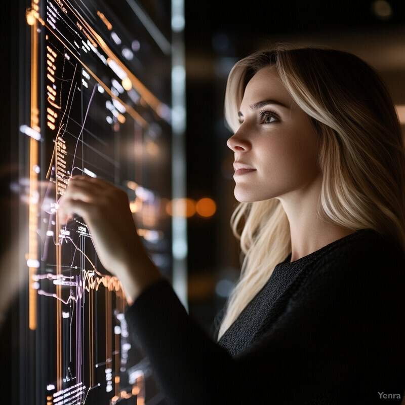 A woman examining a large screen displaying graphs and charts in a dark room.