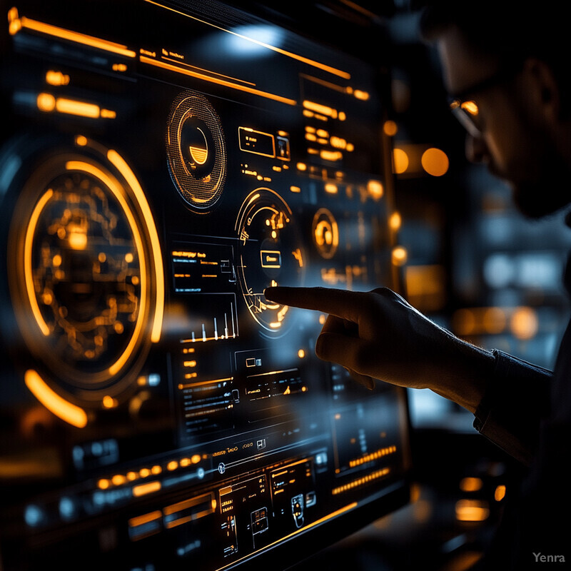 A person examines an augmented analytics dashboard in a dimly lit setting.