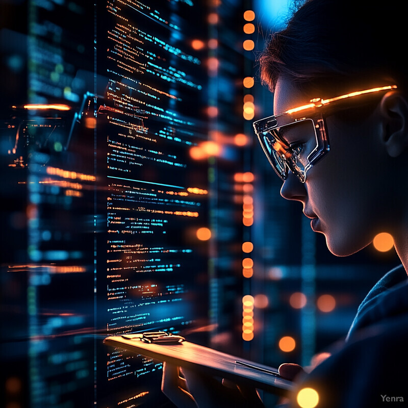 A woman in futuristic glasses examines a clipboard while standing in front of a large computer screen displaying lines of code.