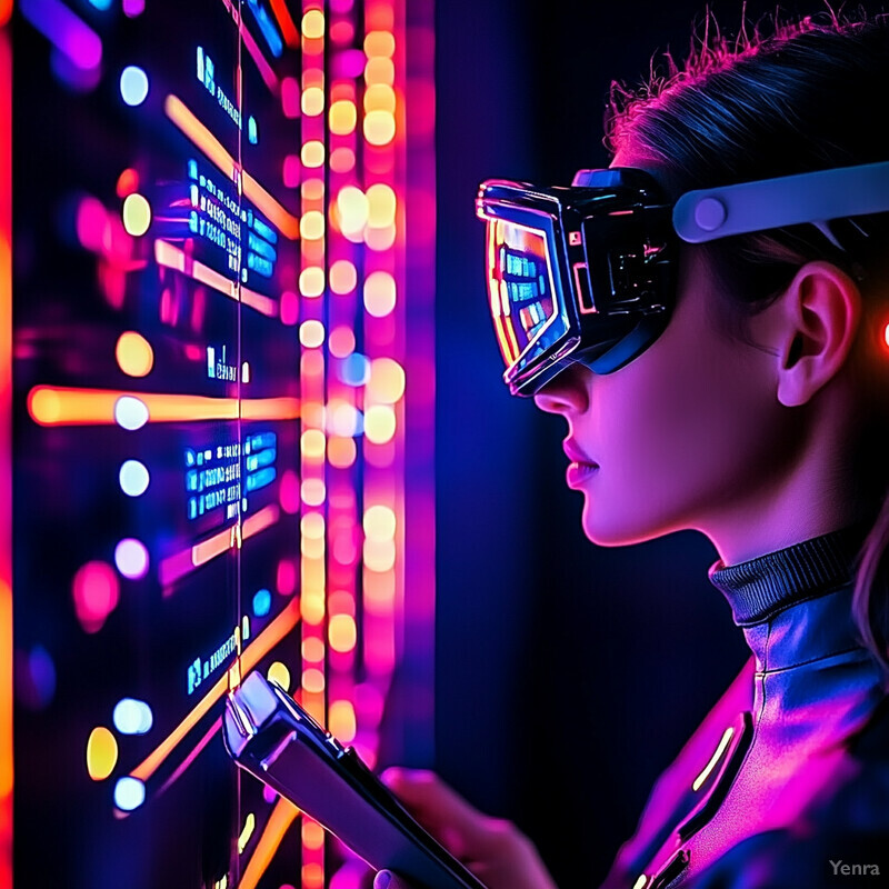 A woman in futuristic goggles is analyzing data on a large screen.