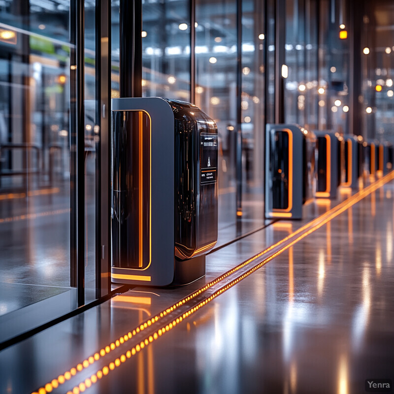 A modern corridor with glass walls and ceilings featuring black and orange machines.