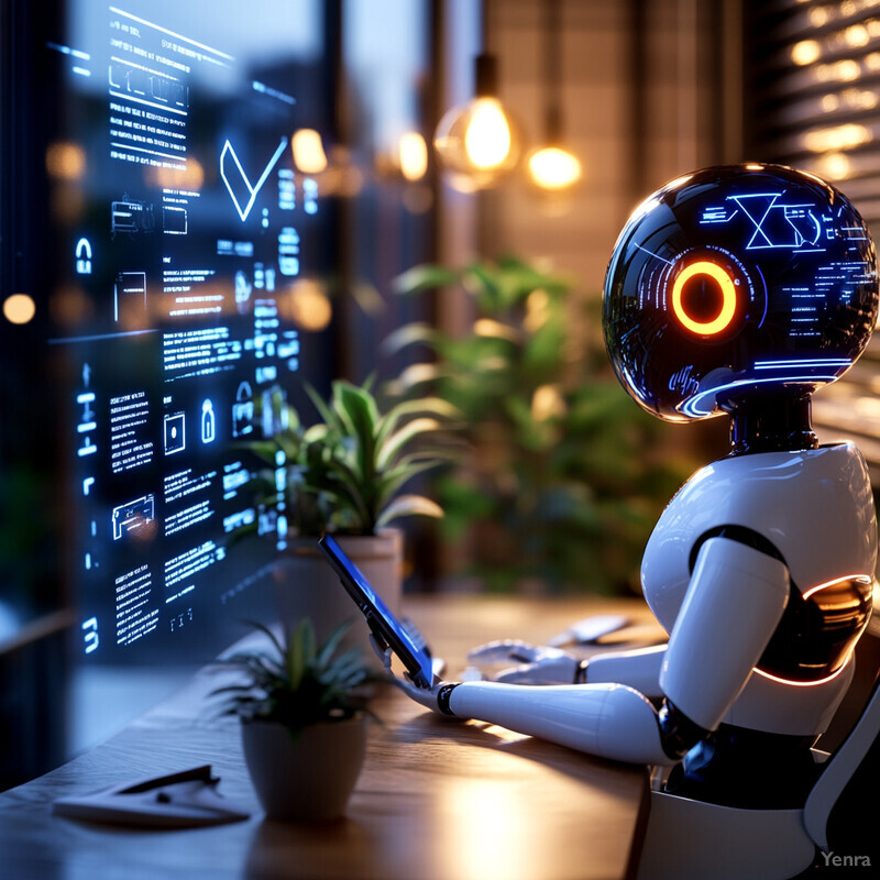 A robot sits at a desk in front of a window, surrounded by various objects.