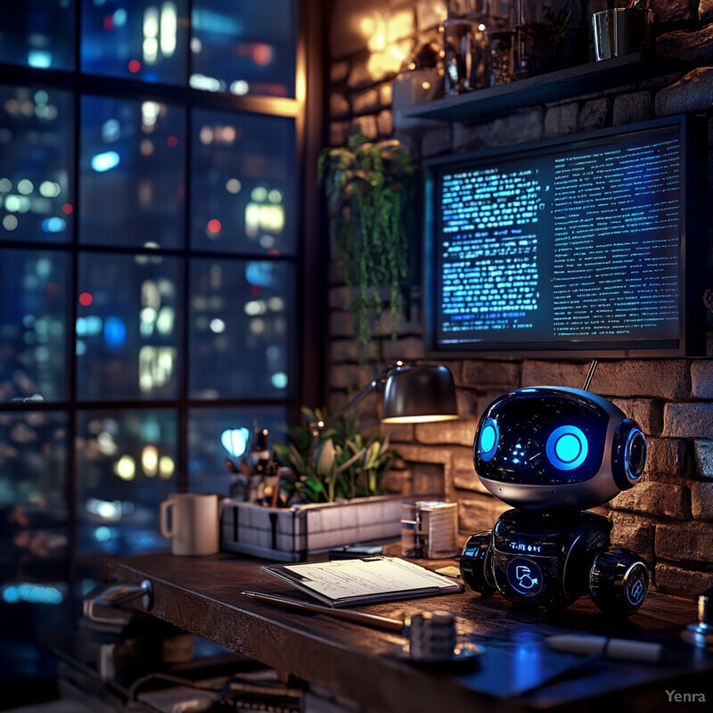 A cozy study room with a robot on the desk and a cityscape view at night.