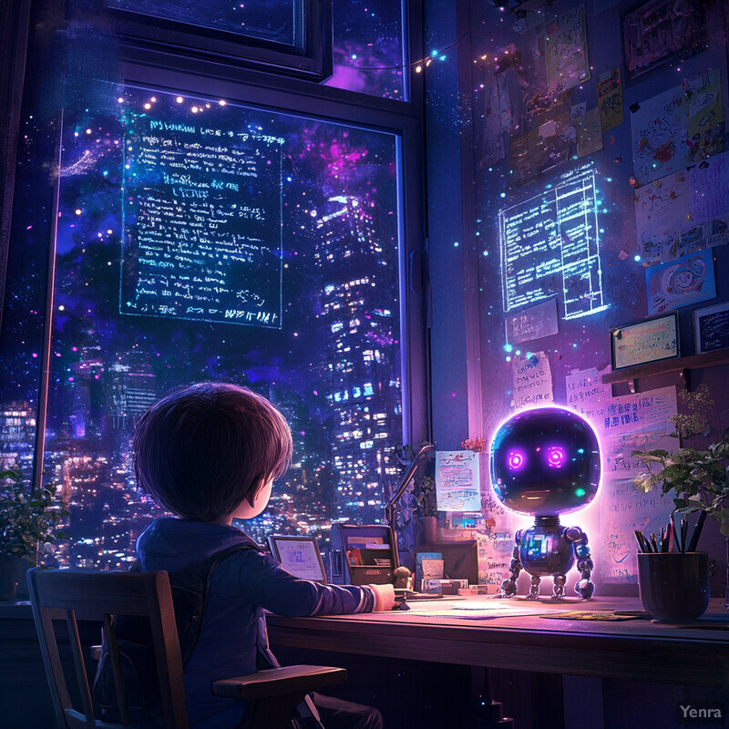 A young boy sits at a desk in front of a window overlooking a cityscape, surrounded by papers and office supplies, with a small robot or toy next to him.