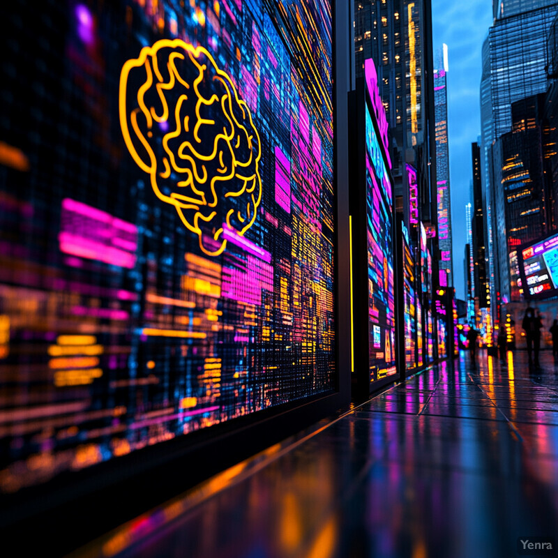 A photograph of Times Square at night with a shallow depth of field and neon lights reflecting off the wet pavement.