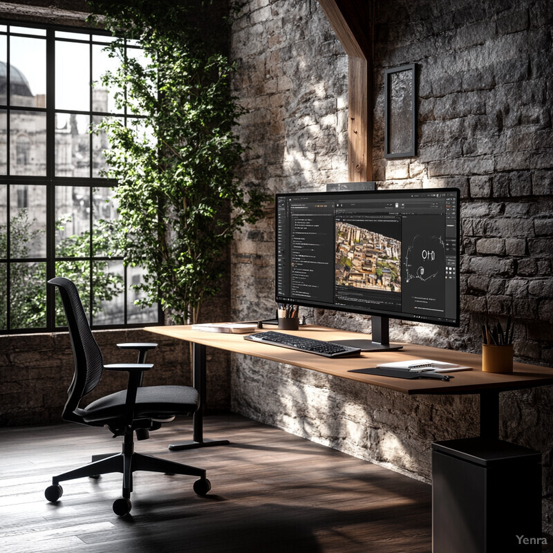 A modern and functional workspace with a stone wall, computer monitor, desk, office chair, and potted plant.