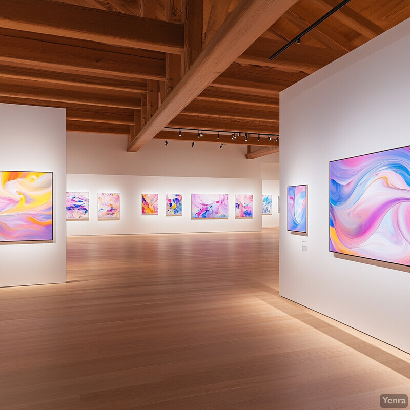 An art gallery with abstract paintings on display, featuring pastel colors and swirling patterns.