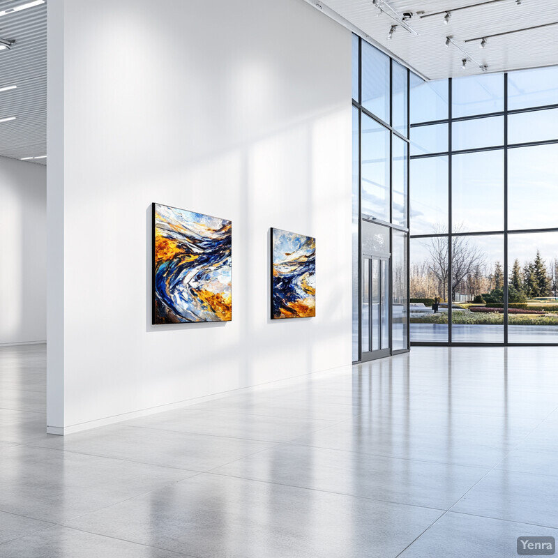 An art gallery with two abstract paintings on display.