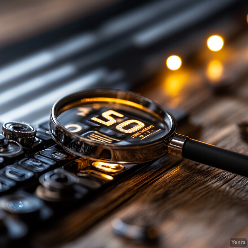 A magnifying glass is placed over a keyboard in a dimly lit room.