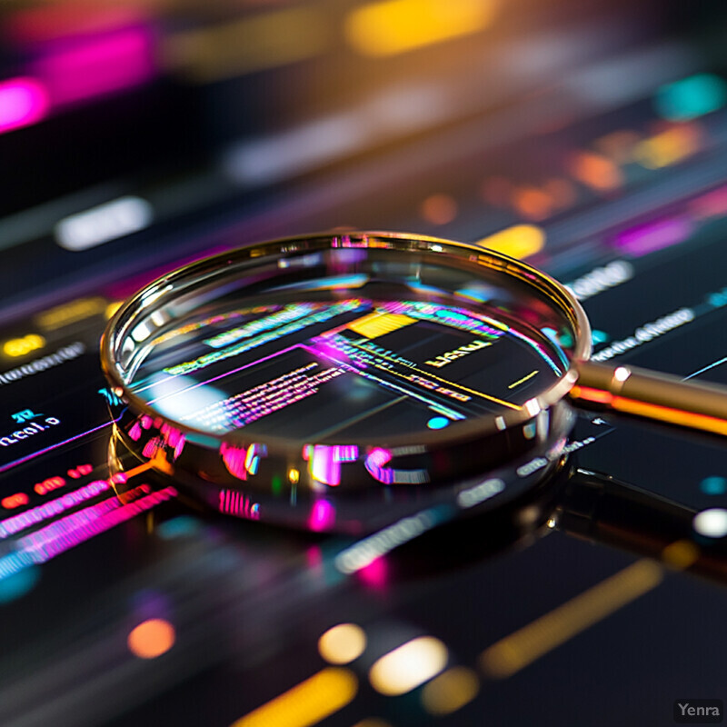 A magnifying glass sits on top of an illuminated computer screen displaying code or programming language.